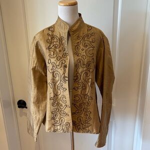 Chico’s 100% Silk Embroidered Beaded Jacket Gold Metallic Open Front Size 2 L